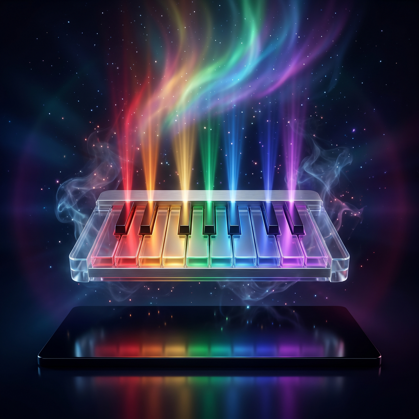 Chakra Piano — glowing keyboard with seven chakra-colored light beams