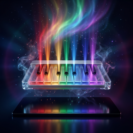 Chakra Piano — glowing keyboard with seven chakra-colored light beams